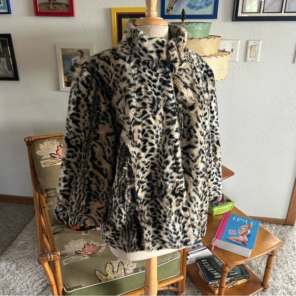 Retro 1940s Style Coat Snow Leopard Faux Fur M L Chicos Glam Pinup - Picture 4 of 7